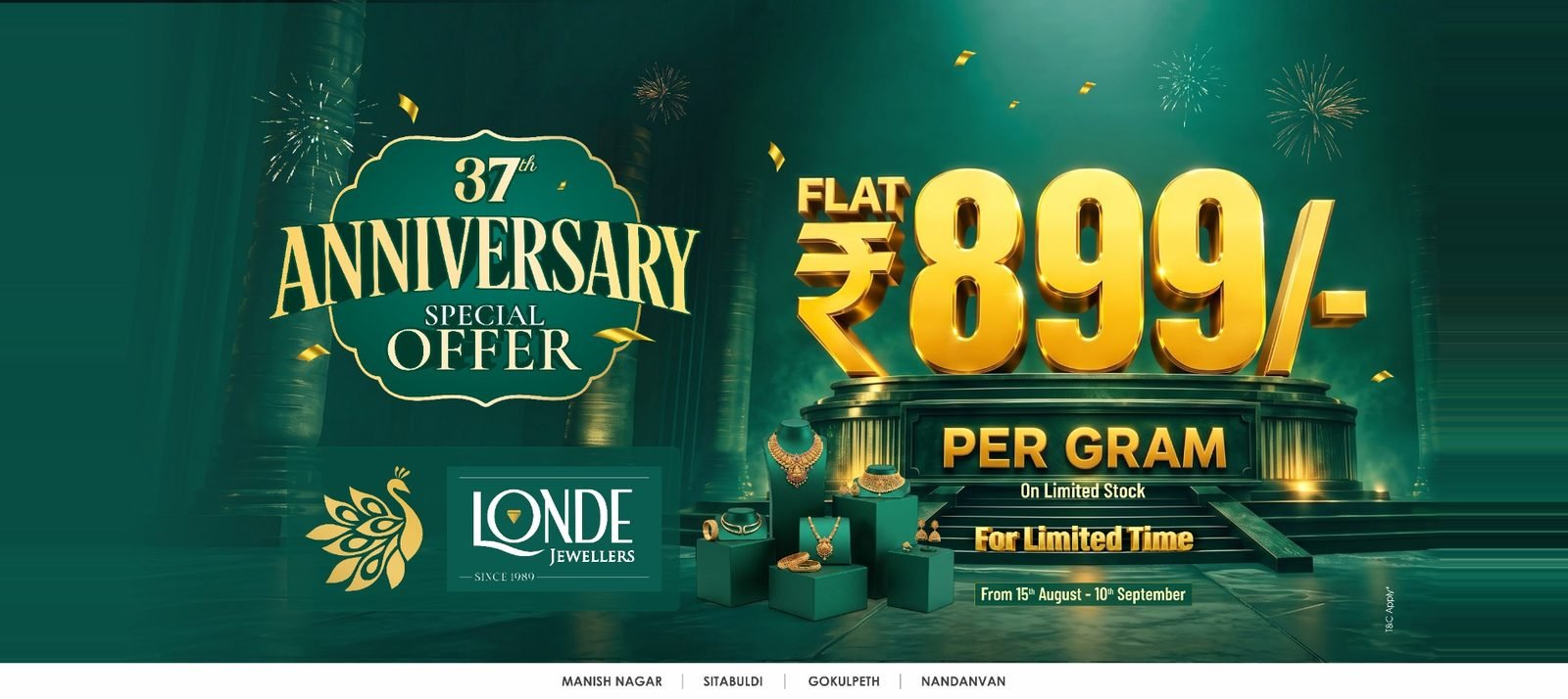 37th Anniversary Special Offer at Londe Jewellers Gold & Diamonds Nagpur, flat Rs 899 per gram making charges on 22K BIS hallmarked gold jewellery, 15 August to 10 September 2026, on limited stock, four stores Manish Nagar Sitabuldi Gokulpeth Nandanvan