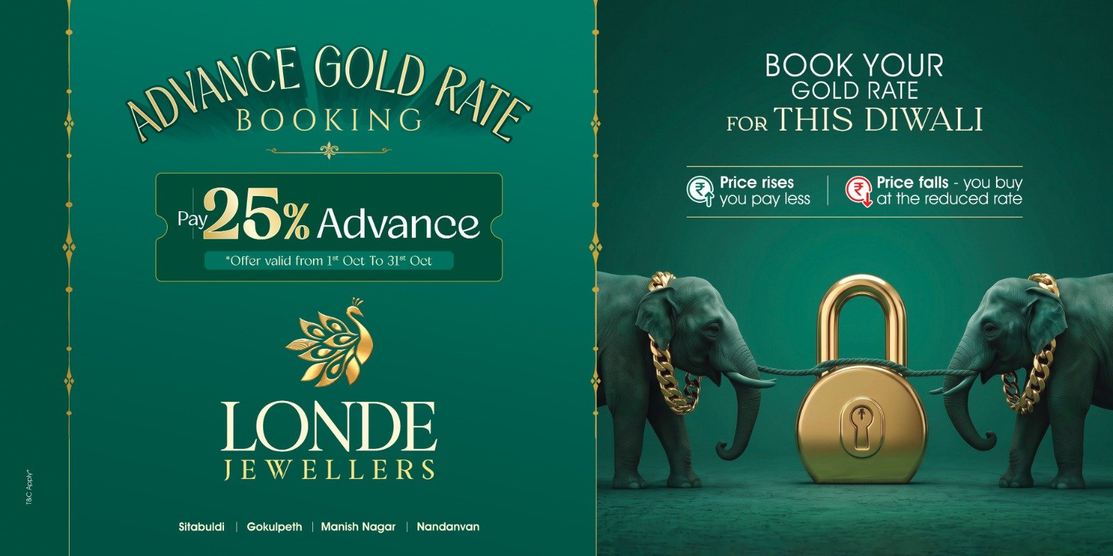 Advance Gold Rate Booking at Londe Jewellers Gold & Diamonds Nagpur, pay 25 percent advance and book your gold rate for this Diwali, if the price rises you pay less, if the price falls you buy at the reduced rate, offer valid 1 to 31 October 2026, four stores Sitabuldi Gokulpeth Manish Nagar Nandanvan, T&C apply