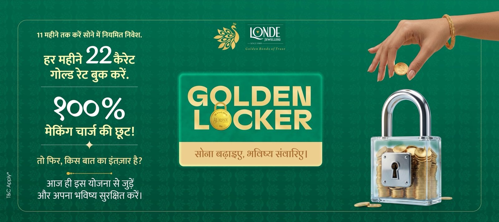 Golden Locker 22K gold saving plan at Londe Jewellers Nagpur, book 22 carat gold rate every month for 11 months, 100 percent making charge waiver, since 1989