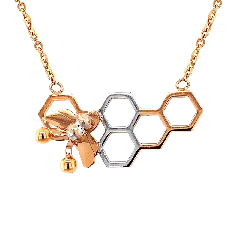 Unique Hexagon Honey Bee 18kt Rose Gold Pendant Chain