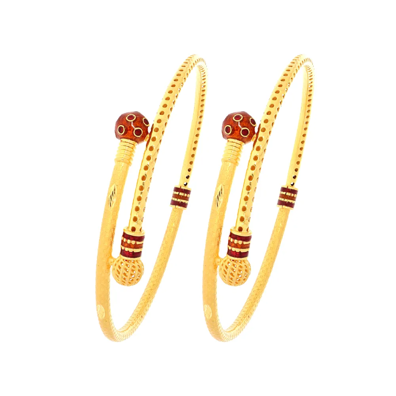 Traditional Textured Enamel Bypass Gold Bangle (Set Of Two)
