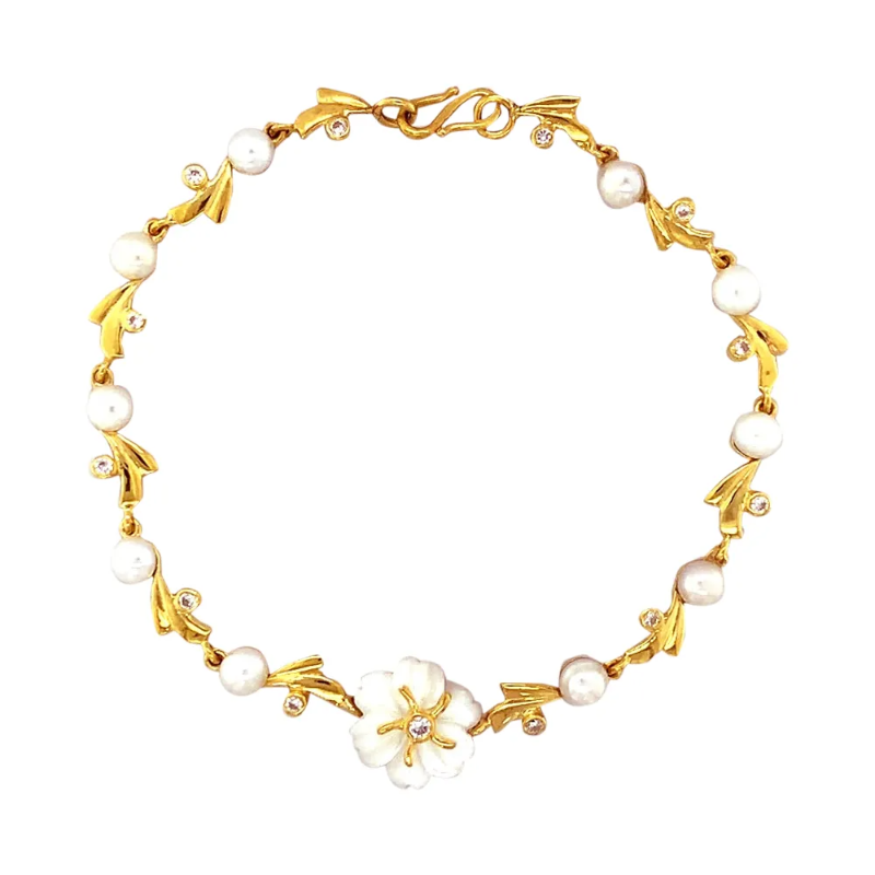 Delicate Pearl Gemstone Floral Yellow Gold 22kt CZ Bracelet